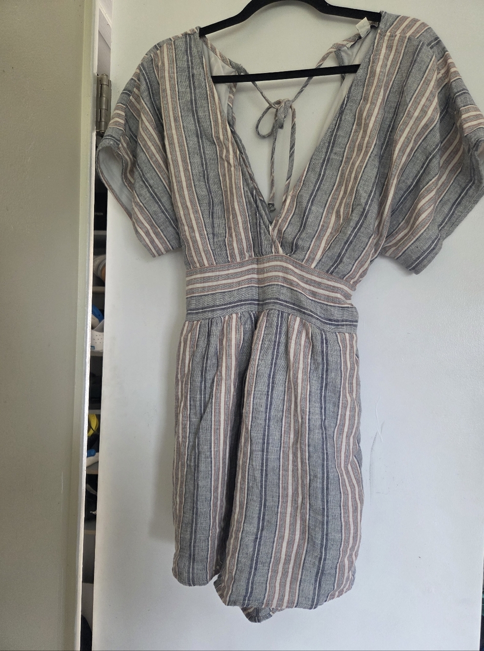American Eagle Cotton And Linen Blend  Striped V-Neck Tie-Waist Romper